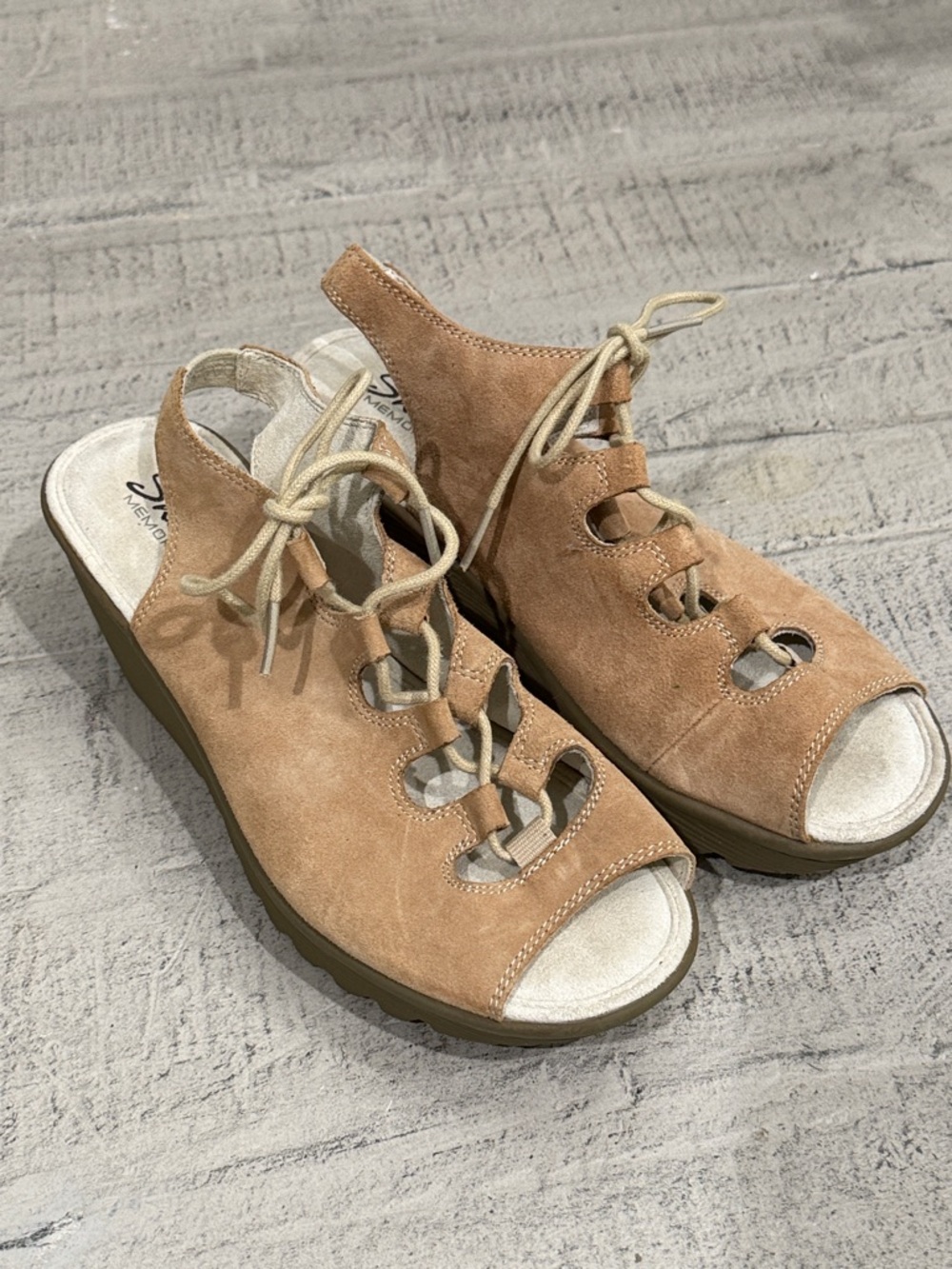 Skechers Women's Tan Suede Lace-Up Wedge Sandals 6.5